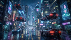 Oraș cyberpunk noaptea, cu lumini de neon și mașini zburătoare. — 2560x1080 Fundal