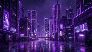 Silueta orașului strălucind în neon violet, stil cyberpunk imagine de fundal