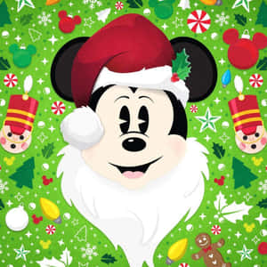 Mickey Mouse într-o căciulă de Moș Crăciun și decorațiuni de Crăciun — Disney craciun Fundal