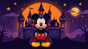 Mickey Mouse ca vampir în fața unui castel bântuit în stil vectorial plat