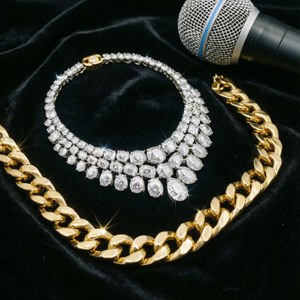 Colier de diamante și lanț de aur cu microfon, estetică R&B de lux. — Pixel Watch Fundal