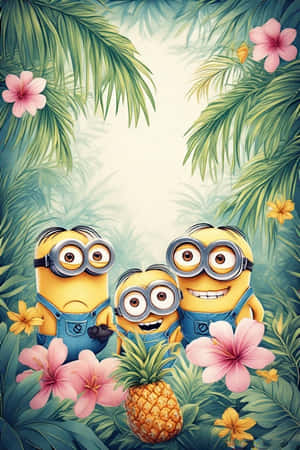 Minioni, fundal de ecran, 4K, junglă tropicală, frunze de palmier, roz pastel, galben pastel, flori, ananas — Roz pastel Fundal