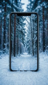 iPhone 11 în zăpada cu tapet de pădure de iarnă
