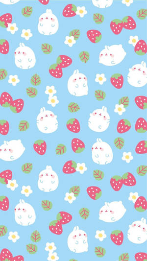 Fundal Kawaii cu Molang și căpșună.
