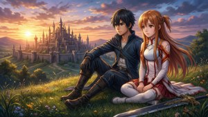Fundal cu Kirito si Asuna bucurandu-se de apus in Aincrad — Anime cuplu GIF Fundal