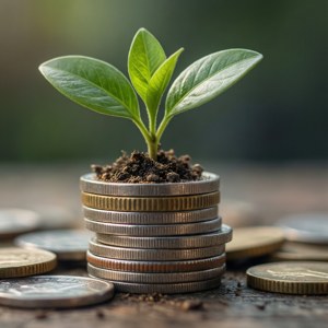 Un wallpaper care arată o plantă crescând din monede, simbolizând un împrumut folosit pentru investiție și creștere. — Zi Fundal