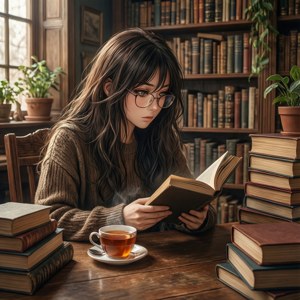Monika citind într-o bibliotecă, alături de o ceașcă de ceai — Huawei nova Flip S Fundal