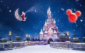 Moș Crăciun zburând peste un castel cu baloane — Disney craciun Fundal