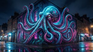Murală gigant cu caracatiță neon înfășurând colțul unei clădiri noaptea