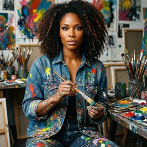 Selita Ebanks într-un studio de pictor cu pete de vopsea — Pixel Watch 5 Fundal