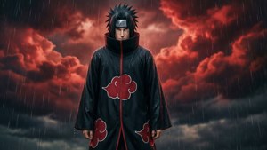 Naruto purtând mantia Akatsuki în ploaie, wallpaper melancolic. imagine de fundal