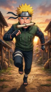 Naruto alergând cu un sul în acțiune.