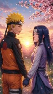 Fond de ecran romantic cu Naruto și Hinata sub flori de cireș.