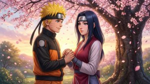 Fond de ecran romantic cu Naruto și Hinata sub flori de cireș — Anime cuplu GIF Fundal