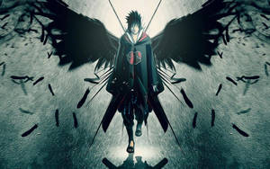 Sasuke Uchiha din satul frunzei mergând în întuneric cu aripi negre fan art.