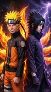 Naruto și Sasuke stând spate-în-spate, cu puterile activat. — iPhone 7 Fundal