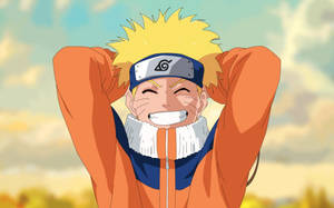 Naruto Uzumaki zâmbind în uniforma sa de ninja cu protectorul său de frunte cu simbolul satului frunzei.