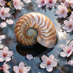 Vedere de sus a unei cochilii de nautilus pe apă cu petale de flori de cireș, culori primăvăratice delicate. — Pixel Watch 3 Fundal