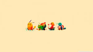 Tapet de artă minimalistă drăguț cu Pikachu, Bulbasaur, Charmander și Squirtle chibi.