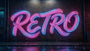 Un neon care strălucește cu cuvântul 'RETRO' într-o peisaj nocturn ploios. — Estetică retro Fundal
