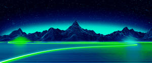 Wallpaper synthwave art neon albastru și verde peisaj. — 3440x1440 Fundal