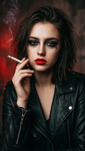 O baddie seductoare cu o jachetă de piele și ochi fumurii, capturând o atmosferă grunge. — Baddie estetic Fundal