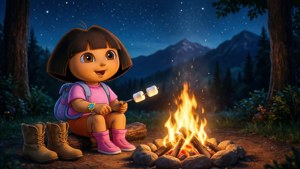 Dora și Boots se bucură de un foc de tabără sub stele.