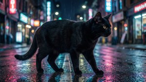 Pisică neagră într-o stradă neonată cyberpunk din oraș