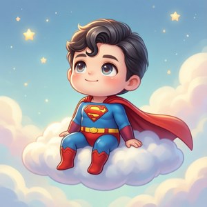 Superman chibi cartoon așezat pe un nor, în culori pastelate — Huawei nova Flip Fundal