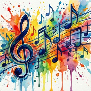 Note muzicale abstracte în acuarela, cu stropi colorati. — Muzică estetică Fundal
