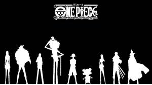 Silueta albă a lui Luffy și a echipajului Pălăriei de Paie pe un fundal negru, wallpaper One Piece.