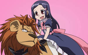 Fond de ecran cu fată anime fericită călărind un leu serios maro