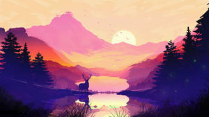 Peisaj minimalist cu cerb pe lac de munte wallpaper