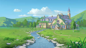 Căsuță lângă pârâu, peisaj verde, munți, coline, artă cartoon, wallpaper. — iMac Fundal
