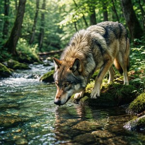 Lup care bea dintr-un pârâu într-o pădure verde, scenă naturală pașnică și realistă. — Pixel Watch 4 Fundal