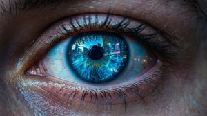 Apropiat de un ochi cu strălucire albastră neon, stil cyberpunk — Albastru neon Fundal