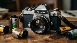 O cameră foto pe film vintage cu role de film, celebrând fotografia analogică.