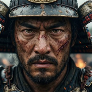 Prim-plan intens al feței unui samurai cu cicatrice și fundal de foc — Pixel Watch 5 Fundal