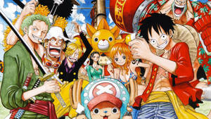 Tapet cu Luffy și pirații cu pălărie de paie din One Piece.