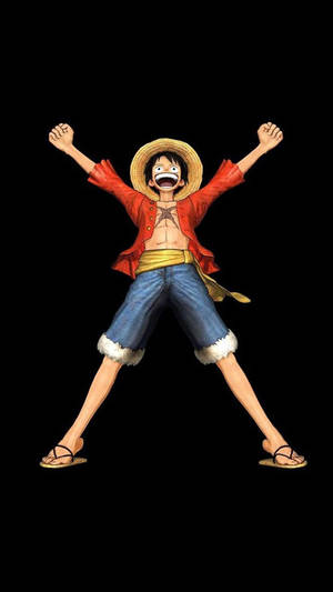 Luffy zâmbind și entuziasmat într-un wallpaper portret One Piece.