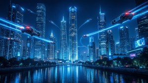 Peisaj urban futurist dominat de lumini albastre neon — Albastru neon Fundal