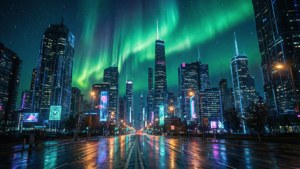 Un peisaj urban futurist strălucind sub o auroră verde, cu reflexii neon. — Cer verde Fundal
