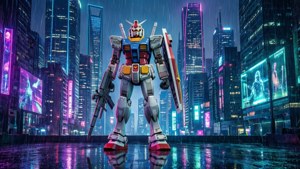 Gundam într-un oraș cyberpunk cu lumini de neon.