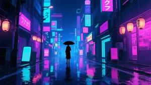 Un peisaj urban anime vibrant noaptea, cu lumini de neon și reflexii ale ploii. — Peisaj anime GIF Fundal