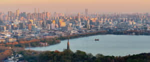 oraș, panoramă, orizont urban, lac, pagodă, apus, ora de aur, urban, arhitectură, senin, lumină caldă, pitoresc, călătorie