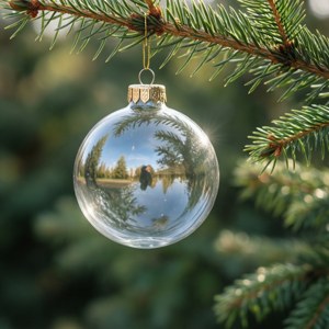 Un singur ornament de sticlă pe o ramură de pin, lumină moale. — Estetic de Crăciun Fundal
