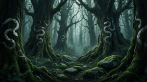 O pădure mistică cu elemente Slytherin ascunse în natură.