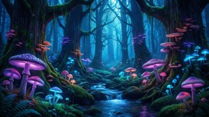 Pădure fantastică cu ciuperci luminescente și lumină mistică. — 1366x768 Fundal