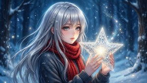 Fetita anime cu păr argintiu și eșarfă roșie ținând o stea strălucitoare într-o pădure înzăpezită.