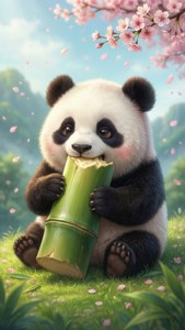 Panda adorabil și kawaii care se bucură de bambus primăvara. — Kawaii Fundal